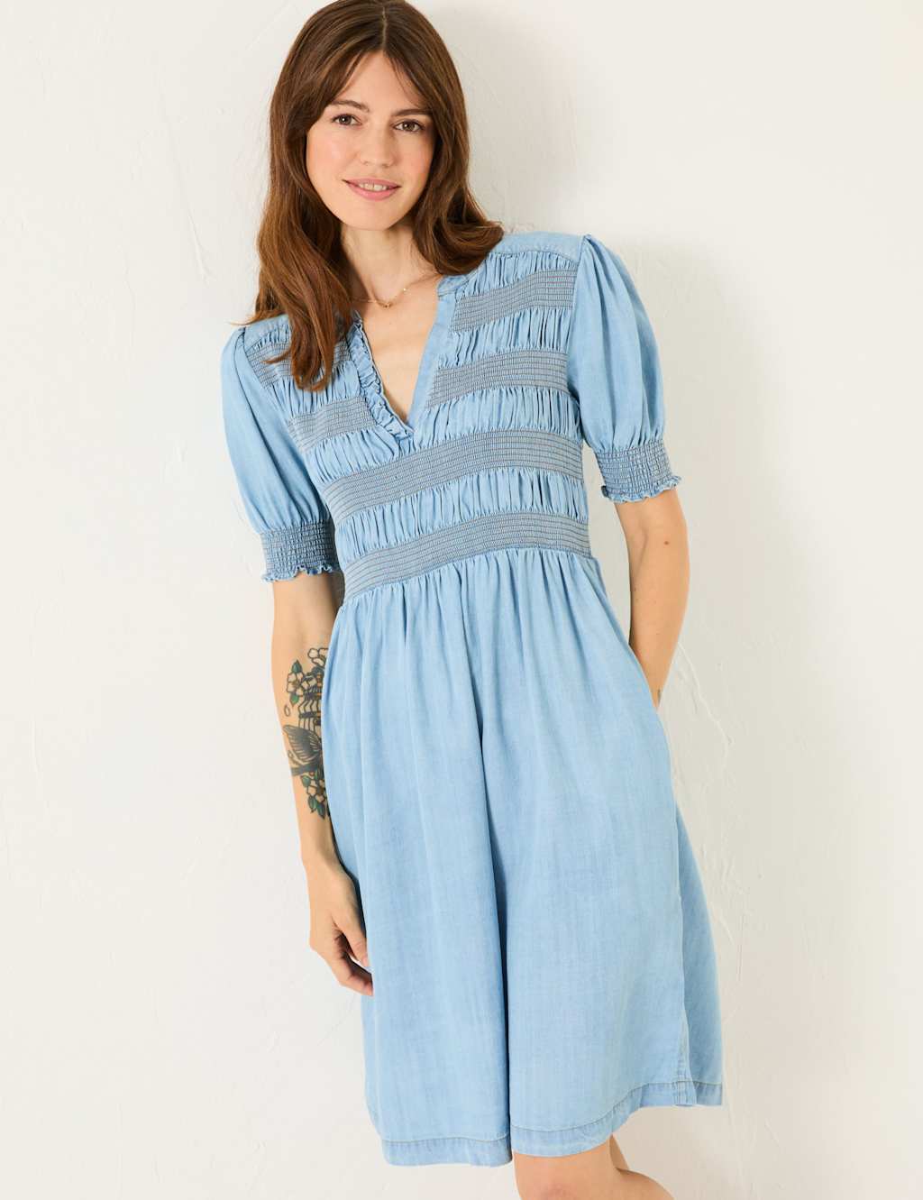 Lyocell Denim V-Neck Shirred Waisted Dress