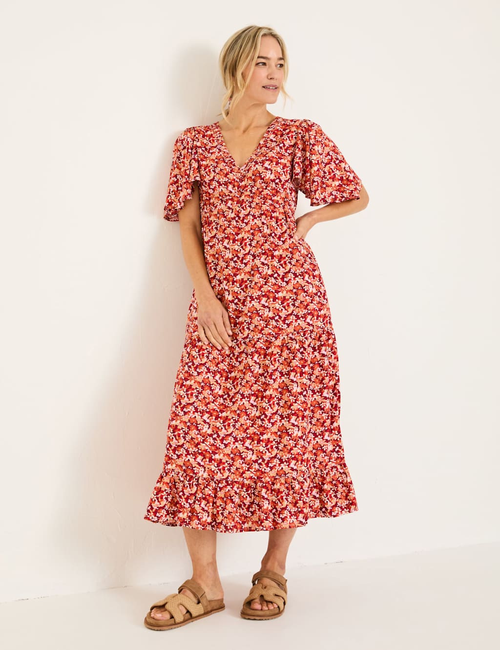 Floral V-Neck Angel Sleeve Midi Tea Dress