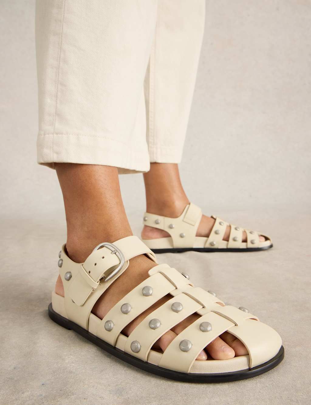 Leather Studded Ankle Strap Flat Sandals