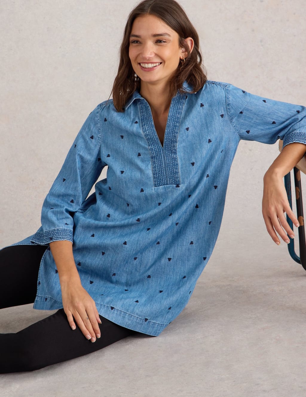Pure Cotton Denim Embroidered V-Neck Tunic