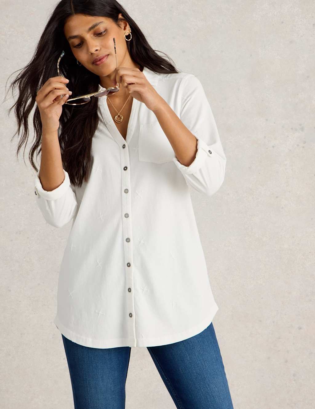Pure Cotton Embroidered Longline Shirt