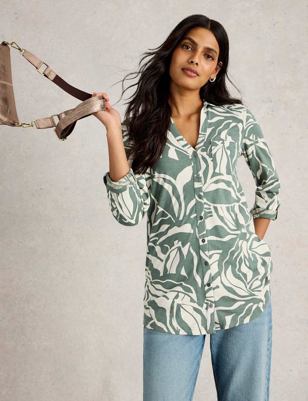 Pure Cotton Leaf Print Collared Longline Shirt