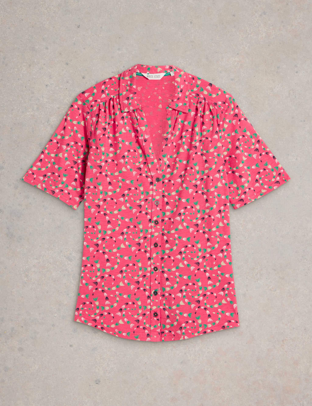 Pure Cotton Floral Collared V-neck Button Through Shirt