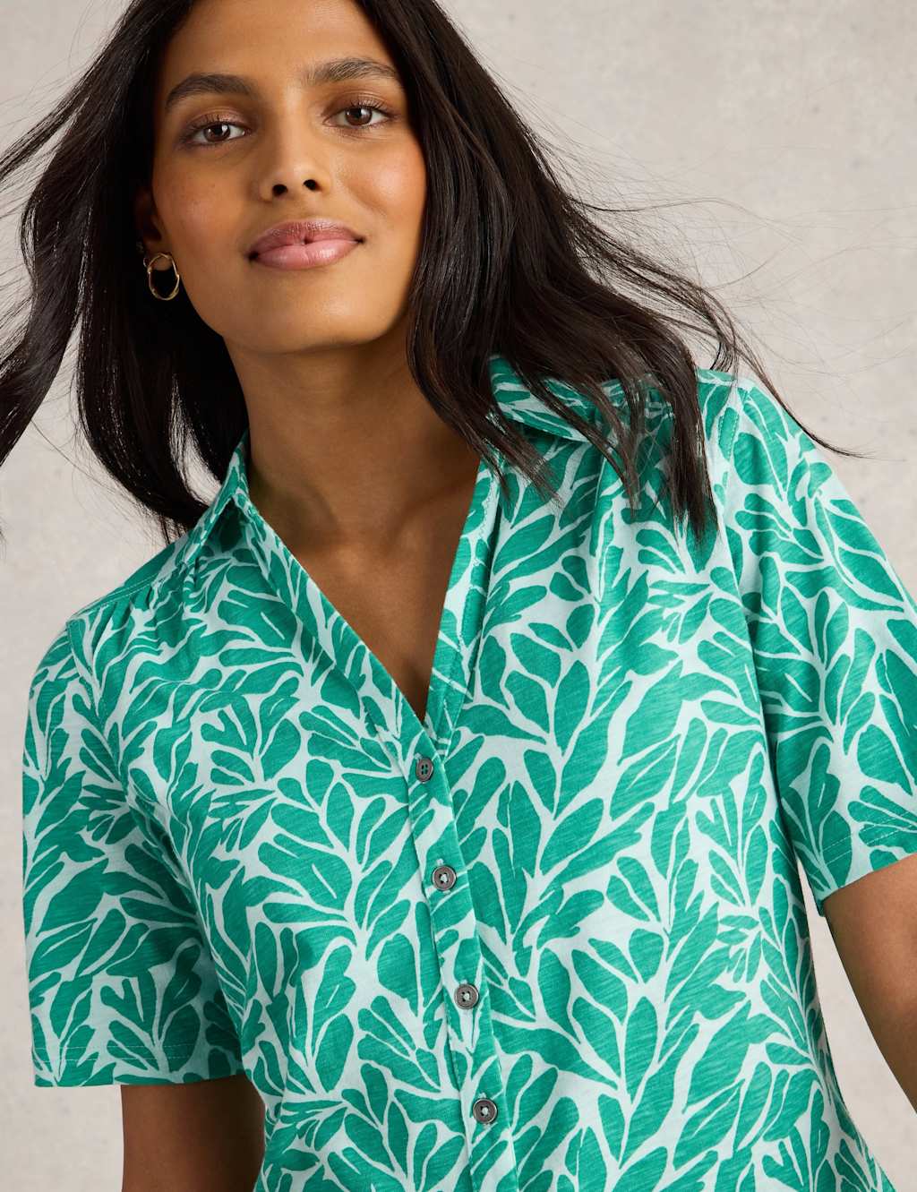 Pure Cotton Leaf Print Collared V-Neck Button Through Shirt