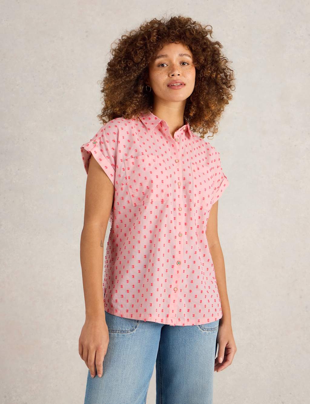 Pure Cotton Textured Collared Cap Sleeve Shirt