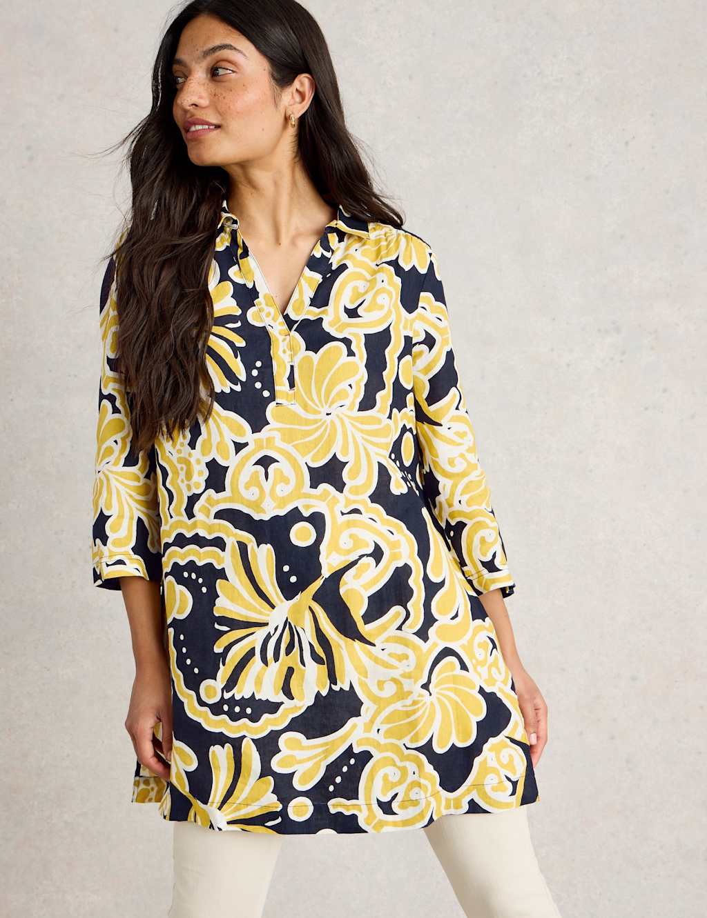 Pure Linen Printed Collared V-Neck Tunic
