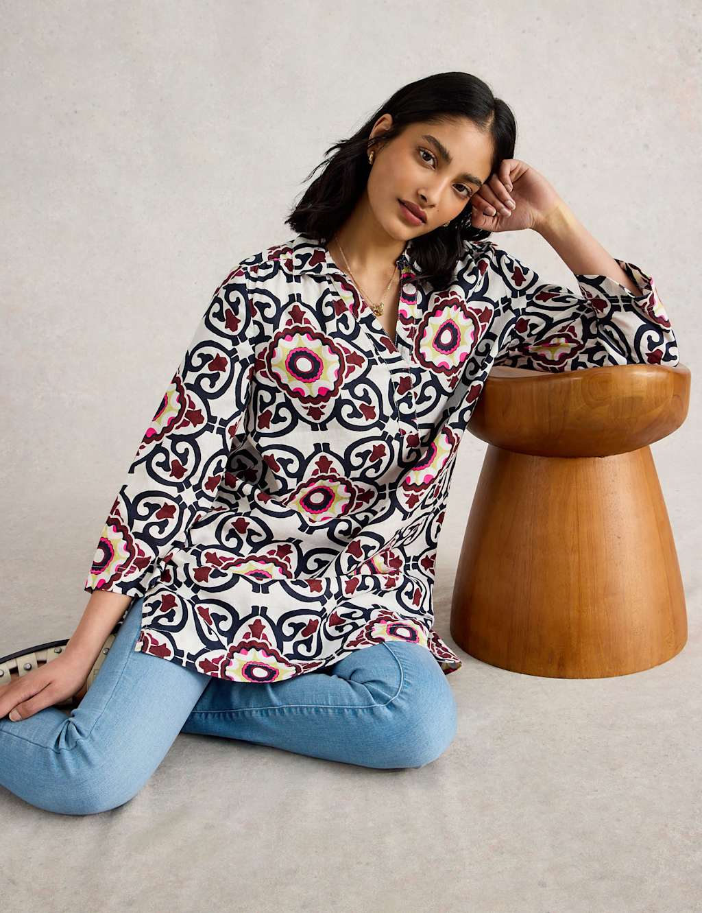 Pure Linen Printed V-Neck Collared Tunic