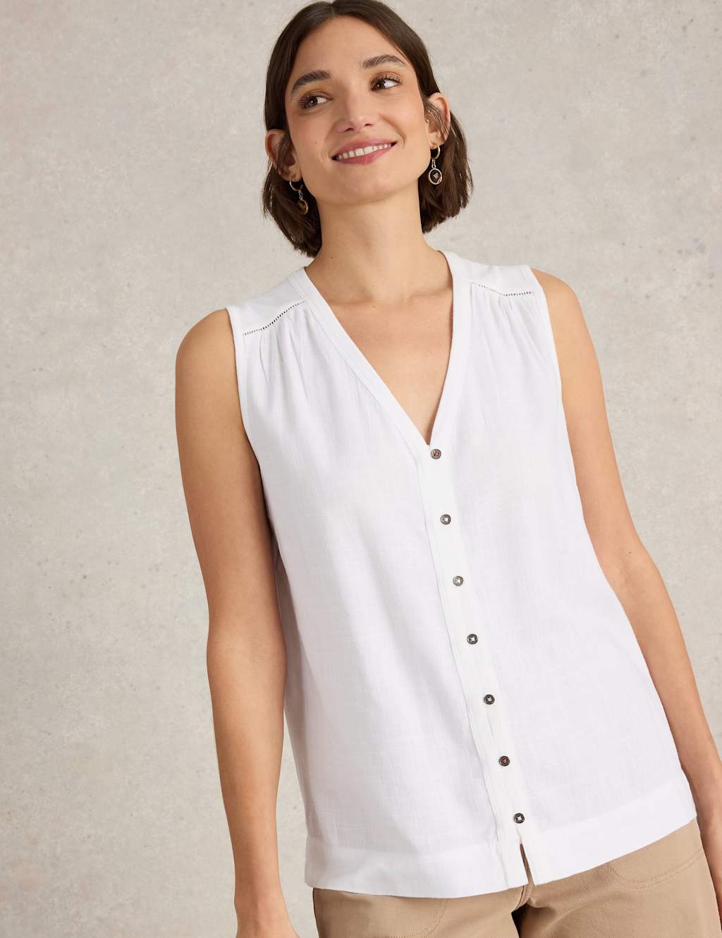 Linen Blend Button Detail V-Neck Vest