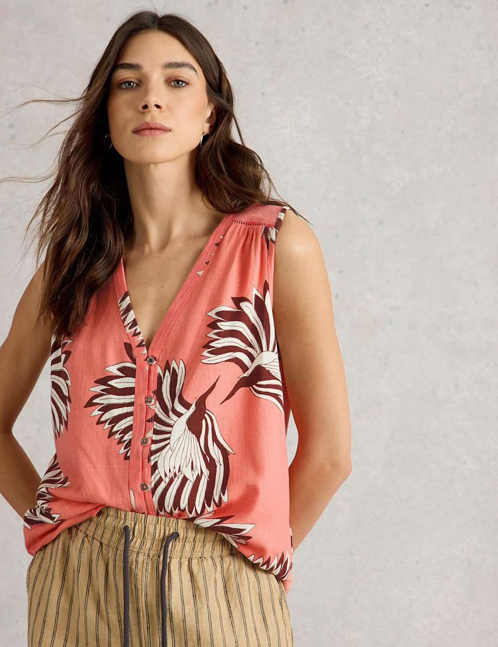 Linen Blend Printed V-Neck Button Front Top