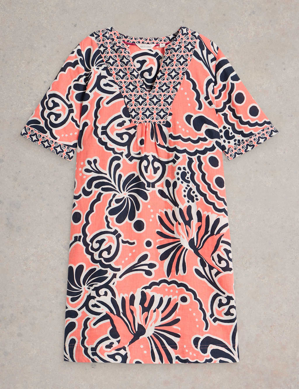 Pure Linen Printed V-Neck Shift Dress