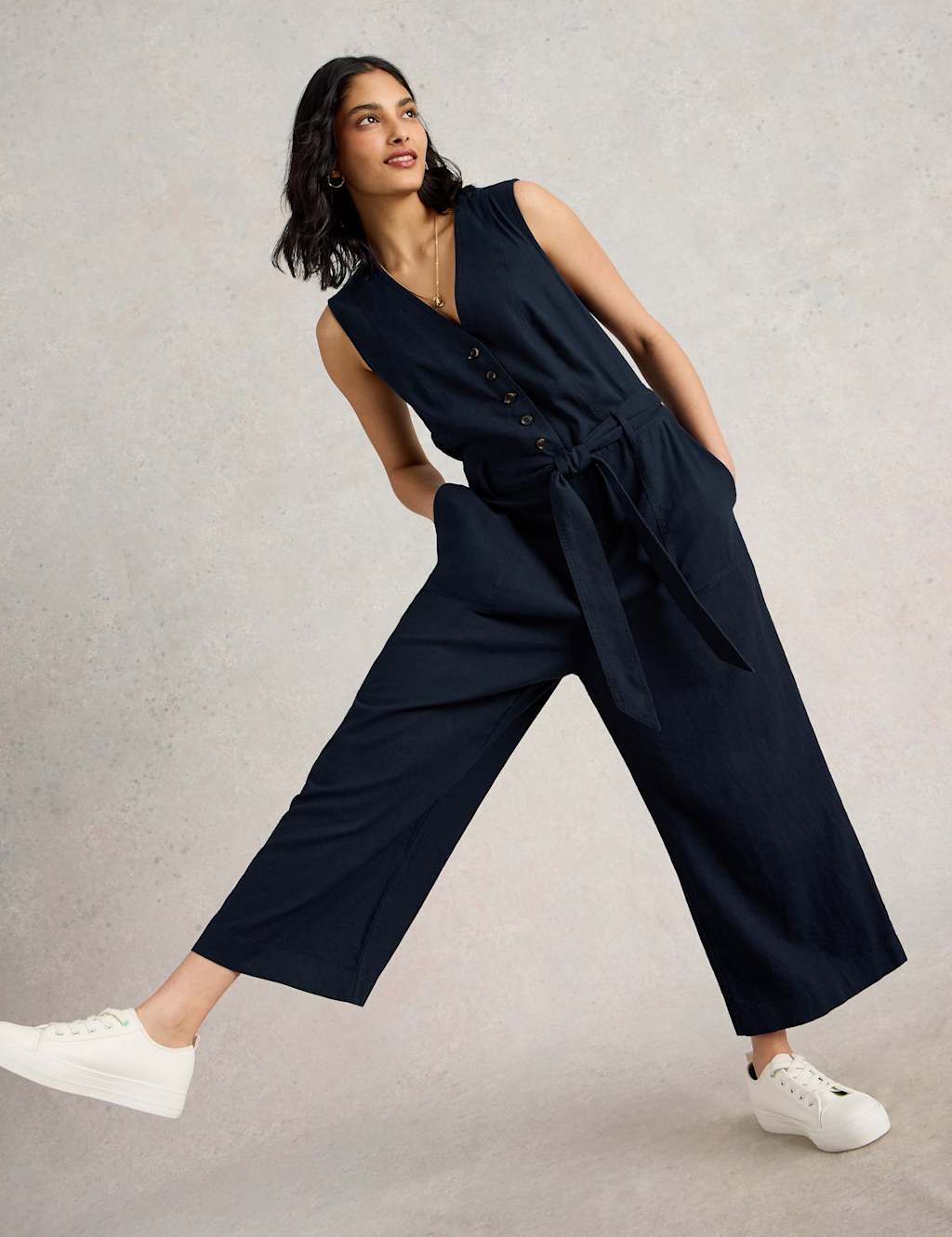 Linen Rich Cropped Wide Leg Jumpsuit