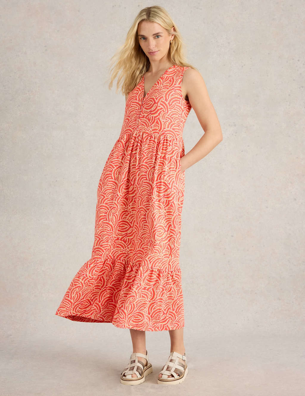 Jersey Printed V-Neck Midaxi Tiered Dress