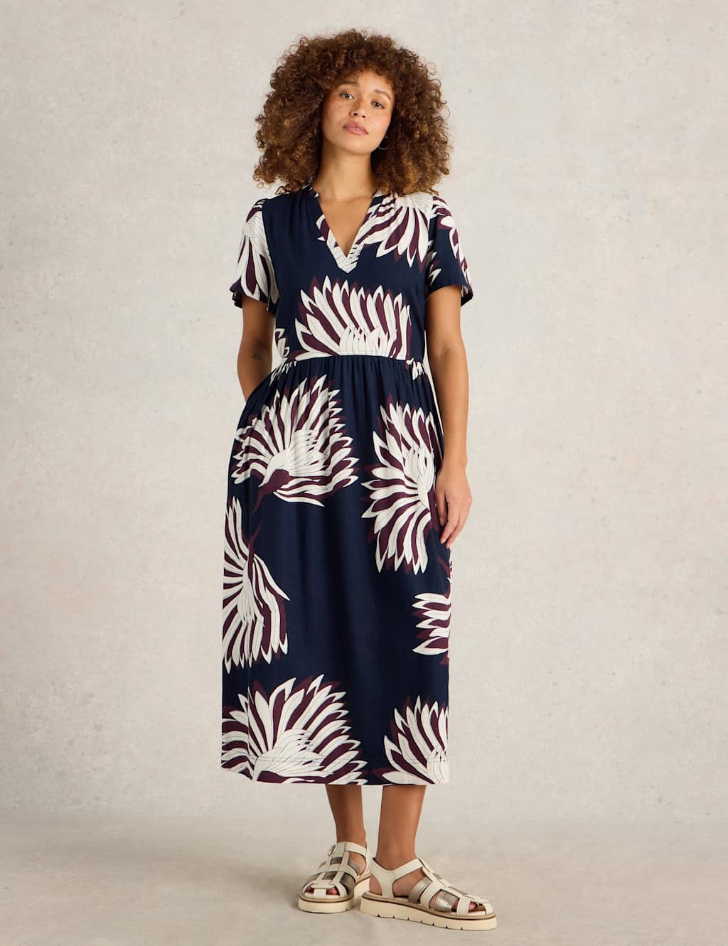 Linen Blend Printed V-Neck Waisted Dress