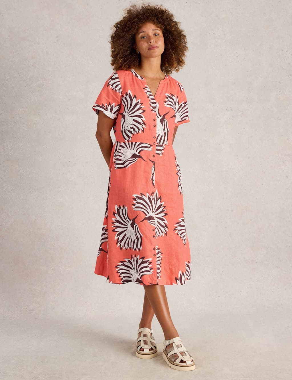 Linen Rich Printed Notch Neck Midi Tea Dress
