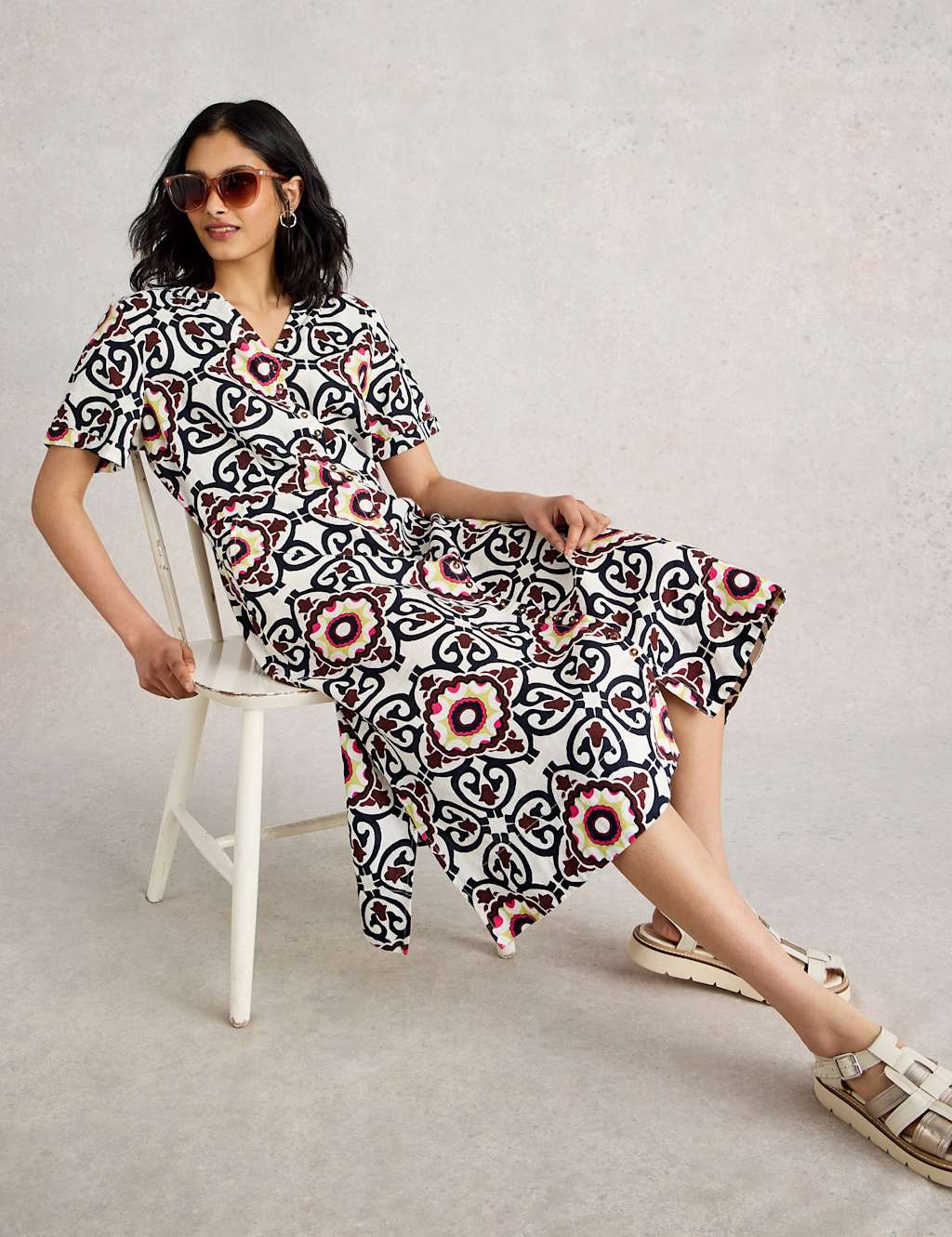 Pure Linen Printed Midi Shirt Dress