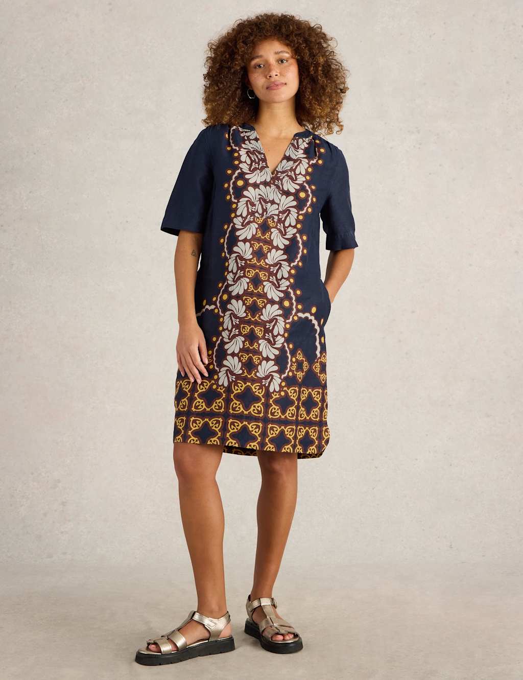 Pure Linen Printed Notch Neck Shift Dress