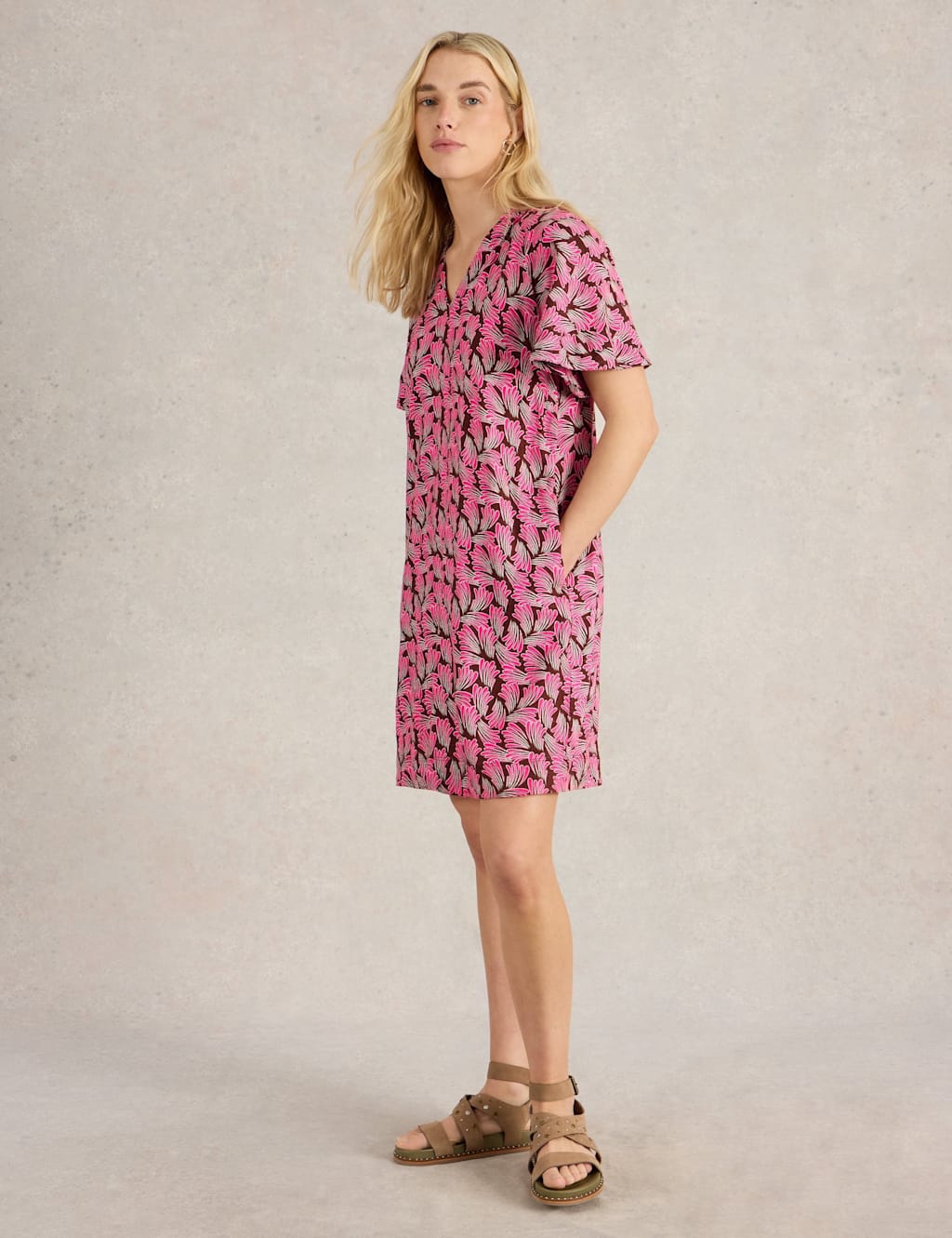 Linen Blend Printed V-Neck Shift Dress