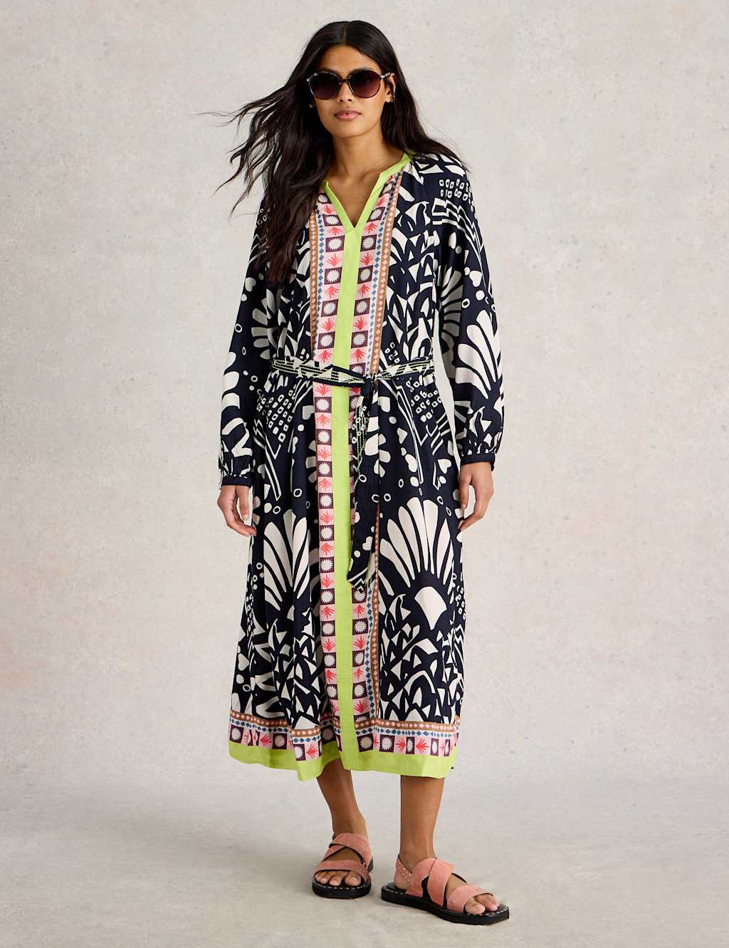 Printed V-Neck Midi Kaftan Dress