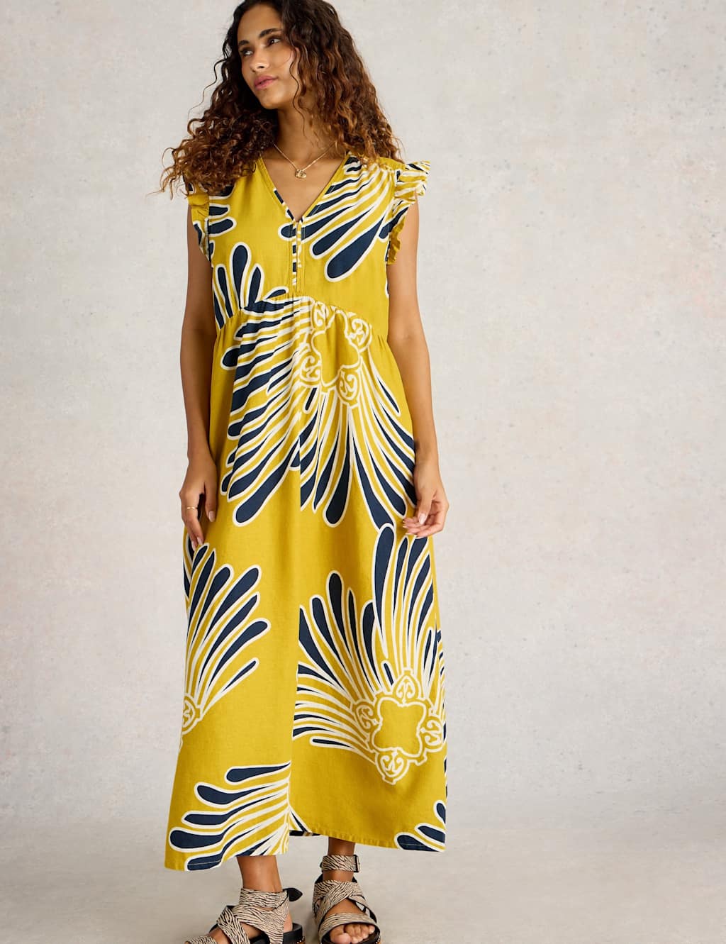 Linen Rich Printed V-Neck Maxi Tea Dress