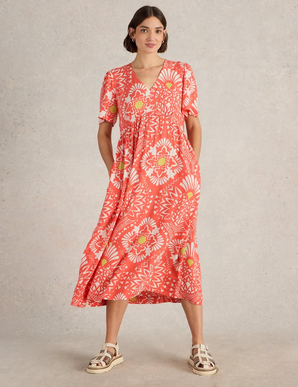 Printed V-Neck Empire Line Midi Tea Dress