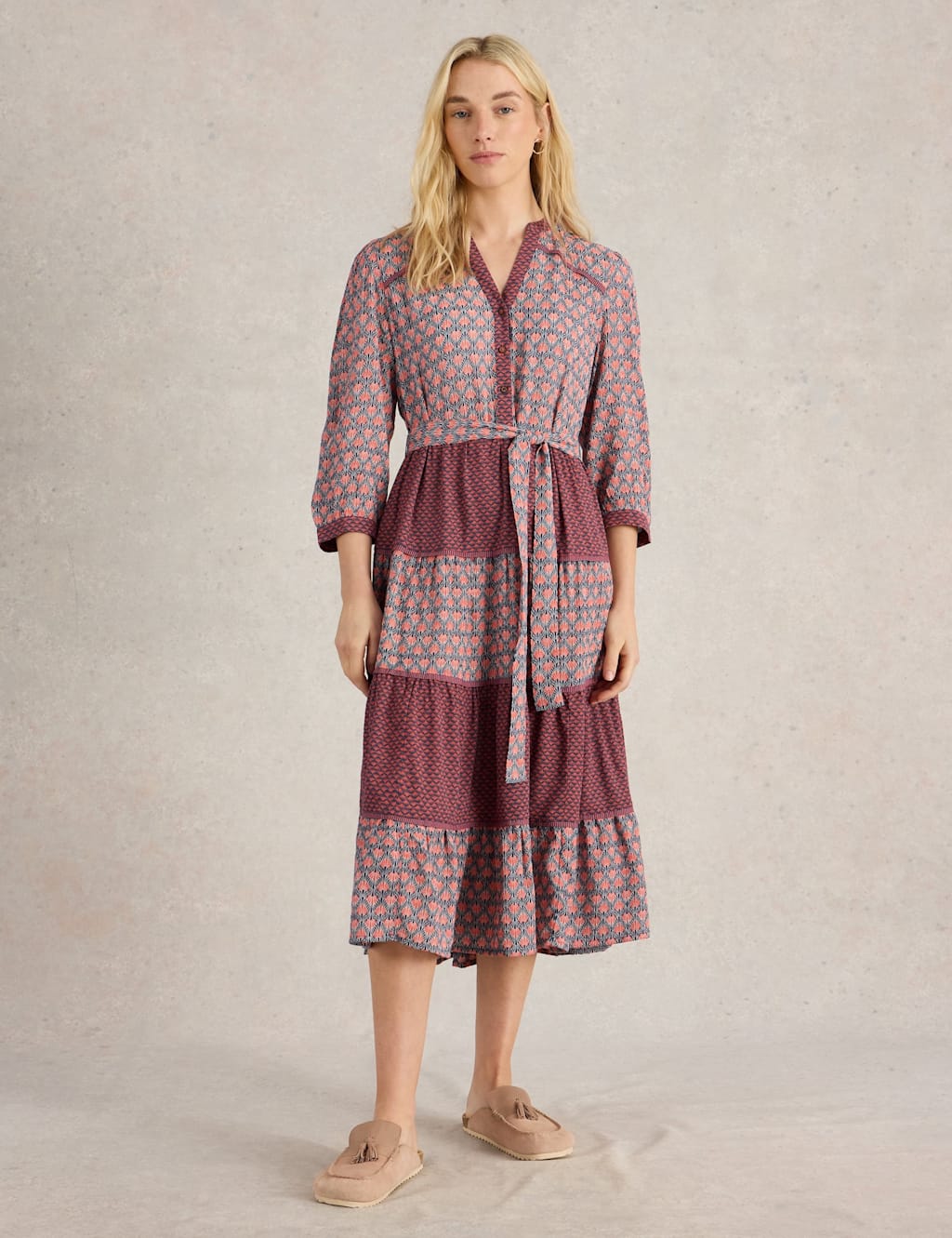 Mabel Printed Notch Neck Midi Tiered Dress