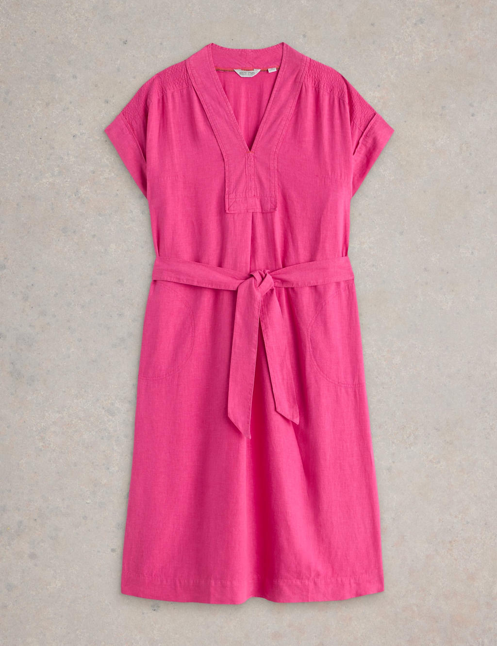 Linen Blend V-Neck Midi Tea Dress