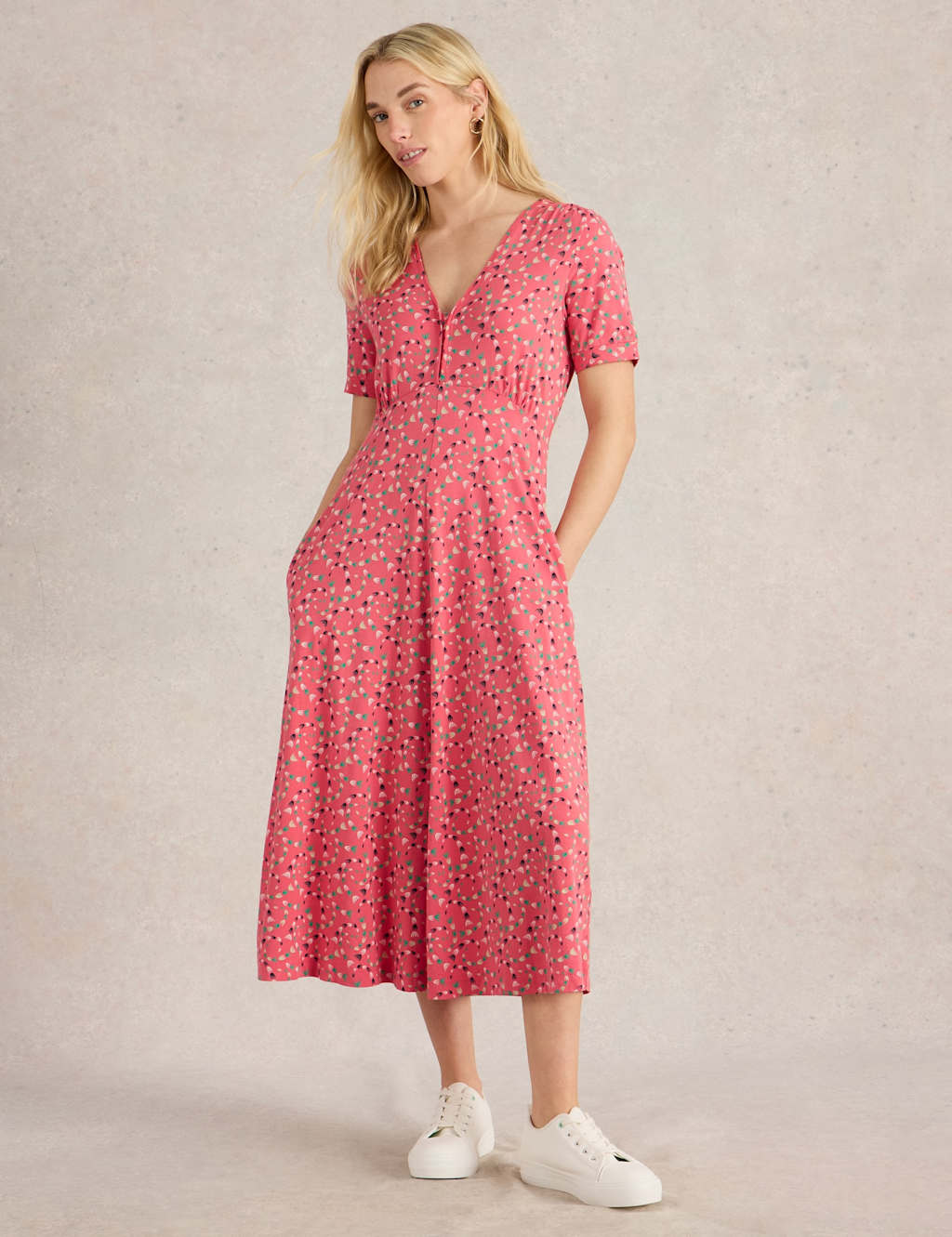 Cotton Blend Jersey V-Neck Midi Tea Dress