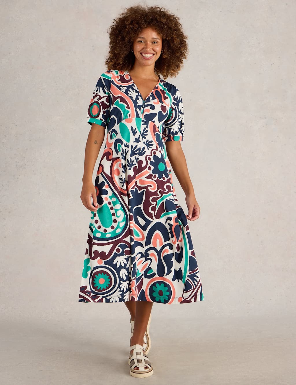Cotton Blend Jersey V-Neck Midi Tea Dress