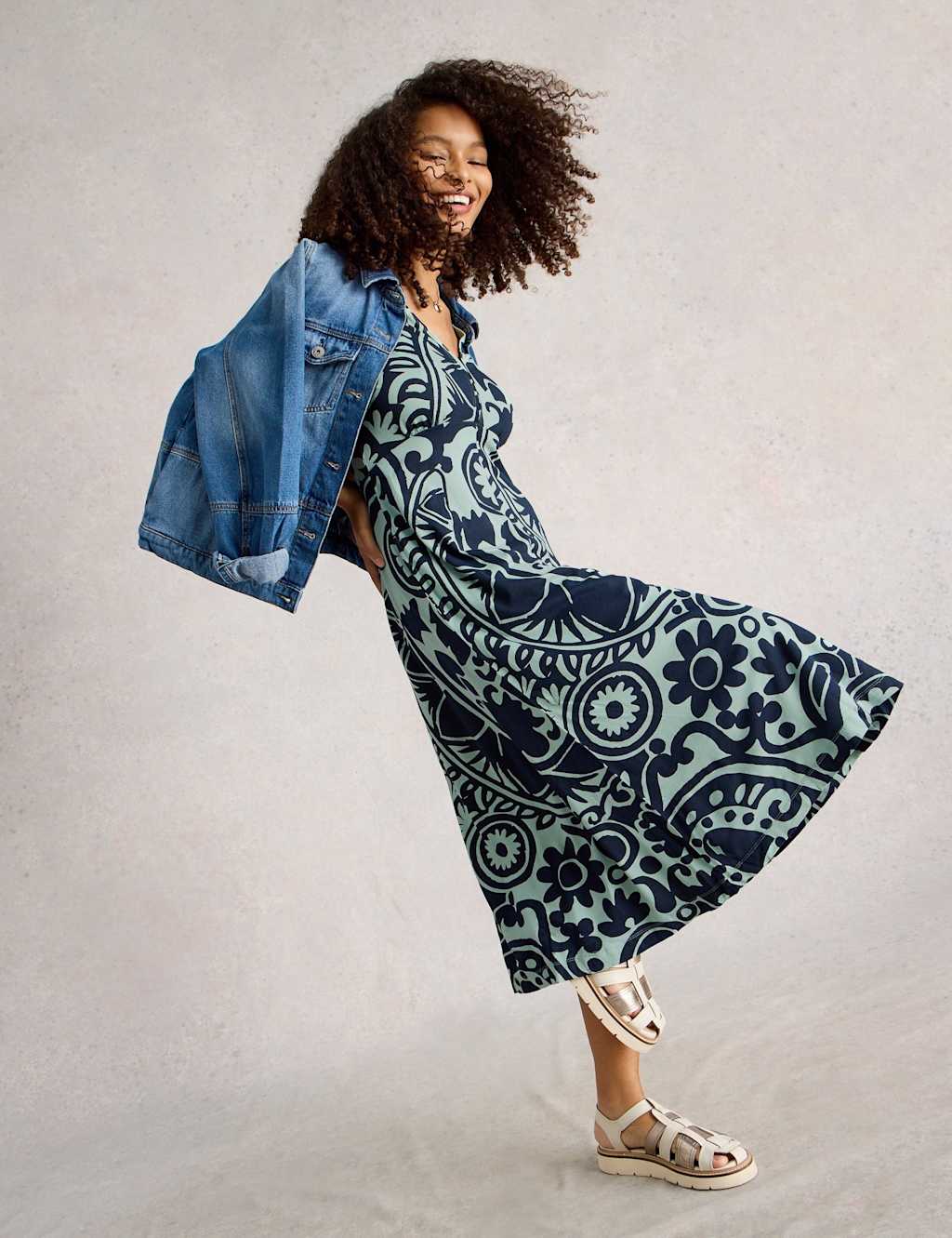 Jersey Printed Midi Waisted Dress
