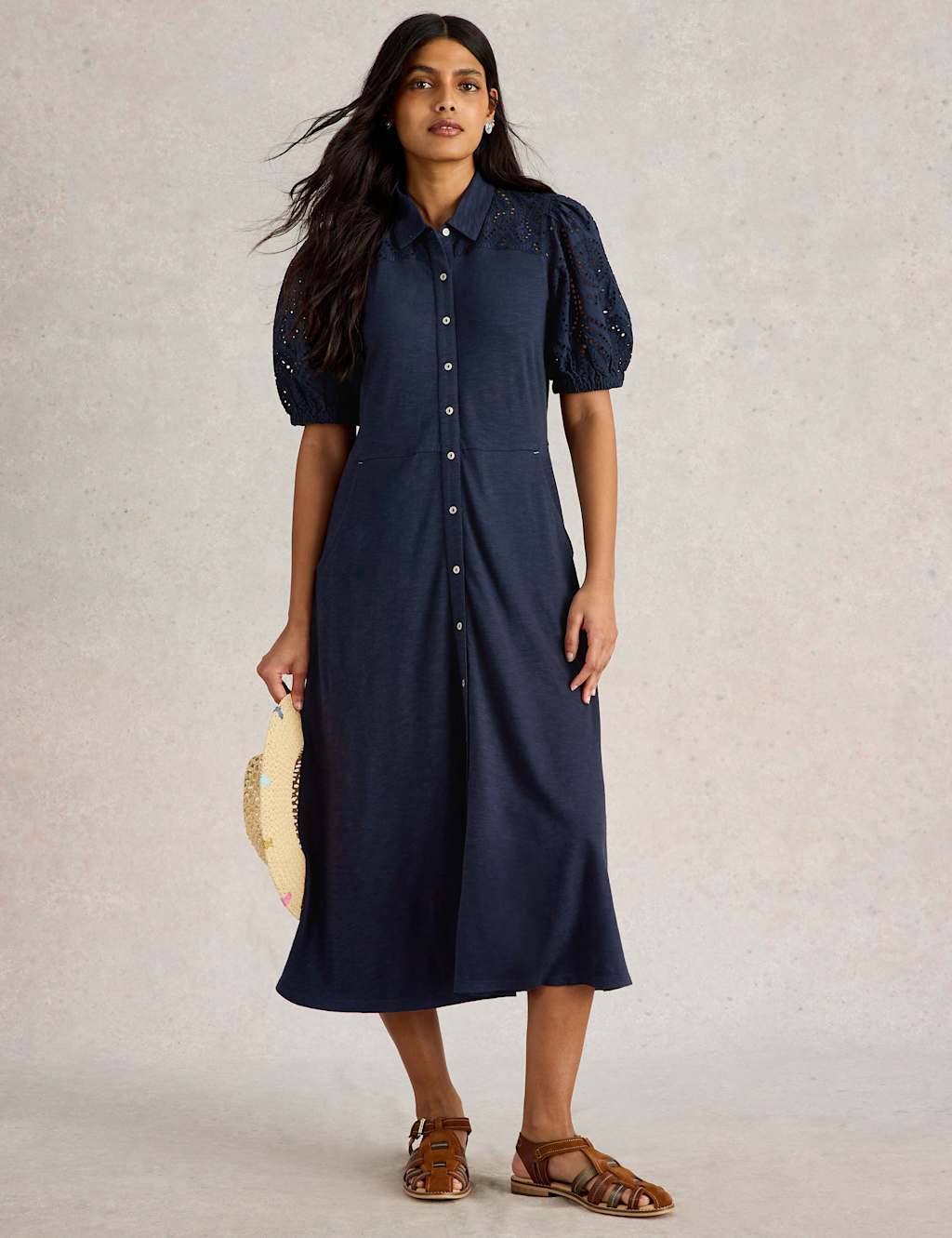 Cotton Rich Broderie Midi Shirt Dress