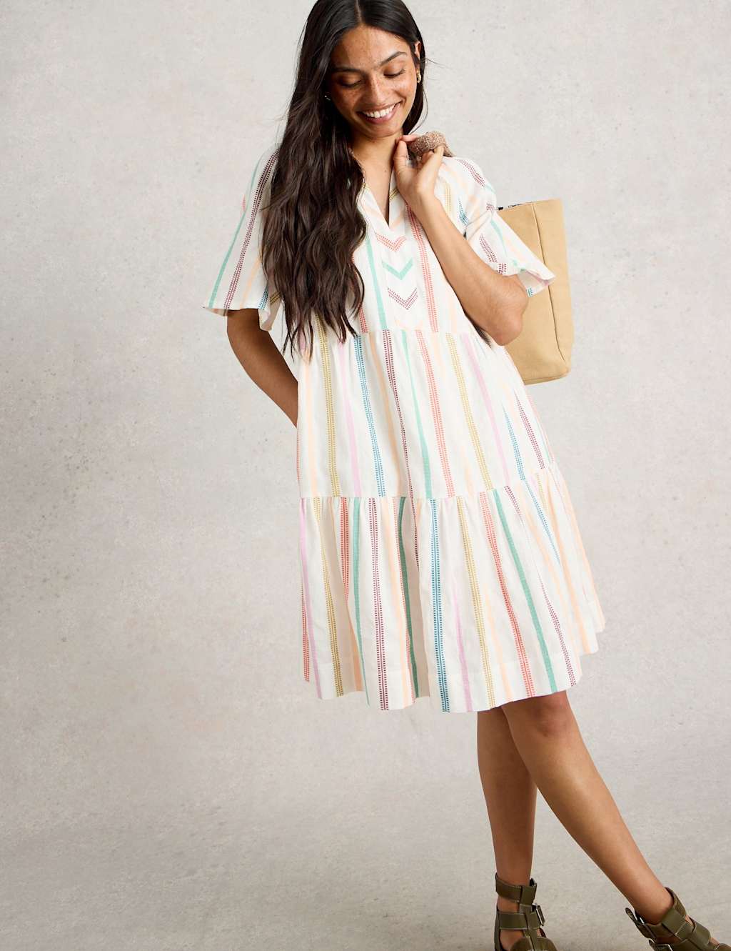 Pure Cotton Striped Tiered Dress