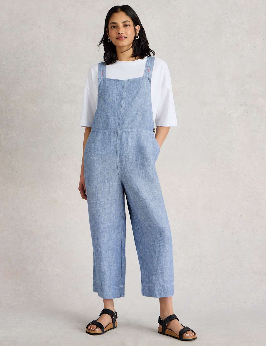 Pure Linen Cropped Relaxed Dungarees