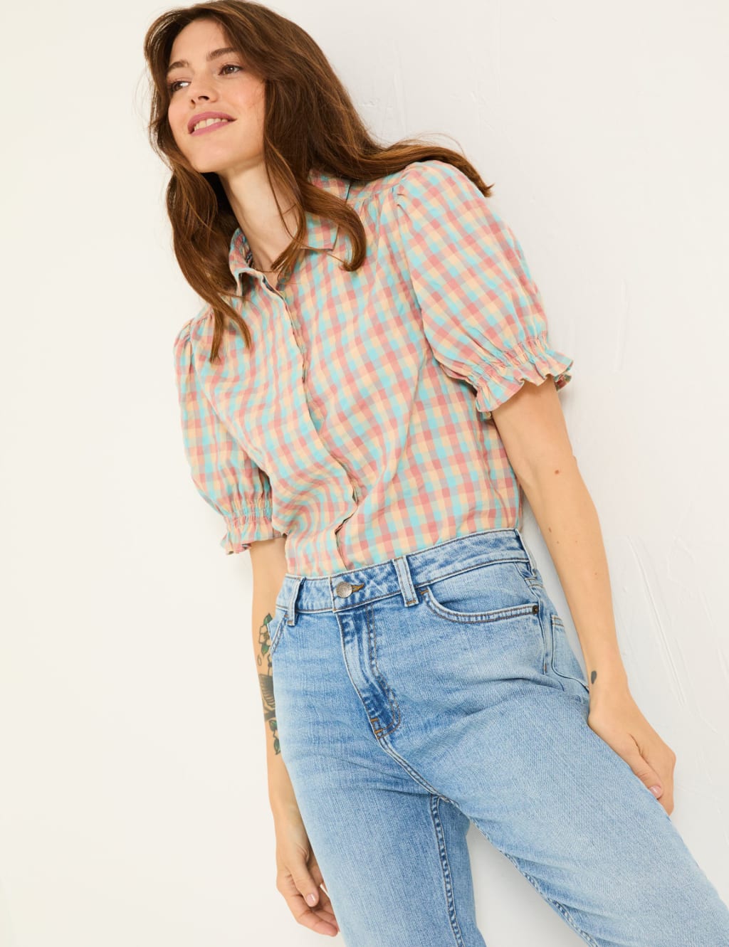 Pure Cotton Gingham Shirred Detail Shirt