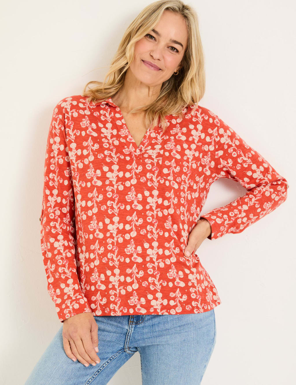 Pure Cotton Floral Collared V-Neck Top