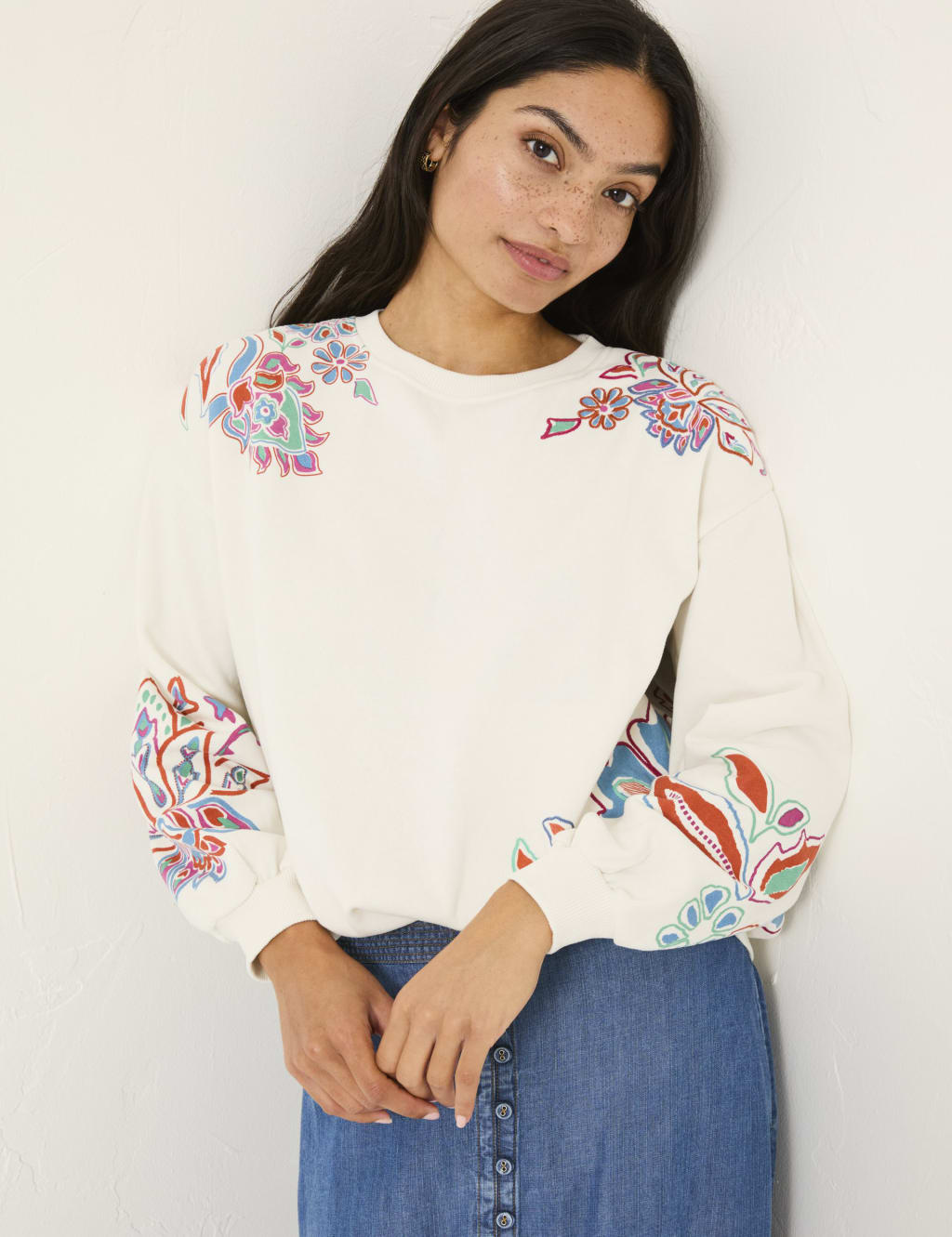 Cotton Rich Embroidered Crew Neck Sweatshirt