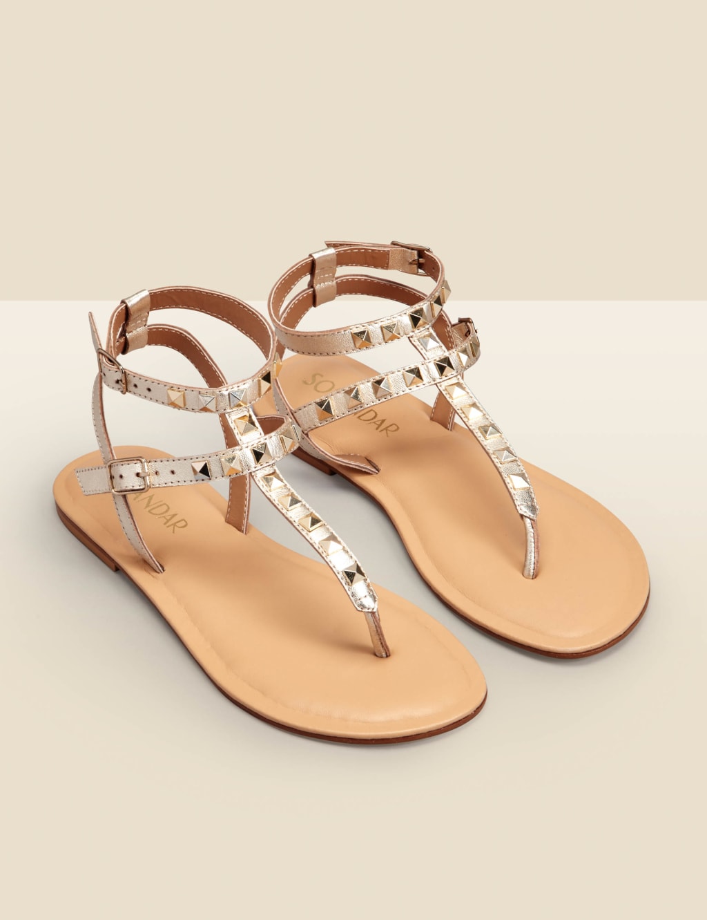 SOSANDAR Leather Studded Flat Gladiator Sandals Gold