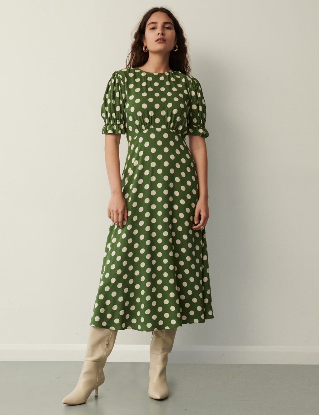 Finery London Polka Dot Round Neck Midi Tea Dress Green Mix