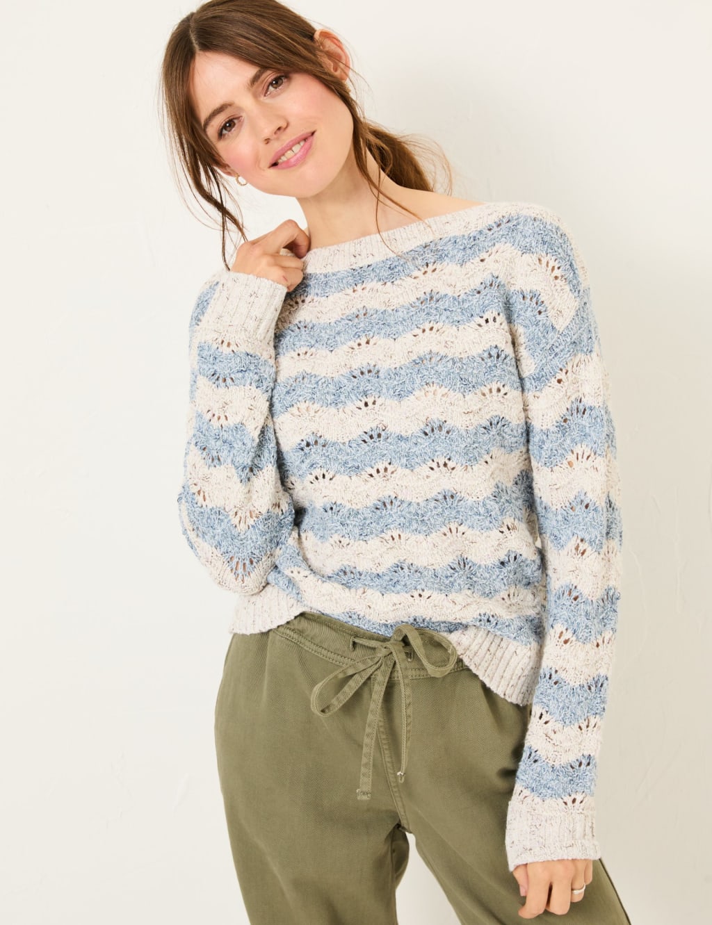 Fatface Women's Pointelle Striped Slash Neck Jumper - 18 - Natural Mix, Natural Mix