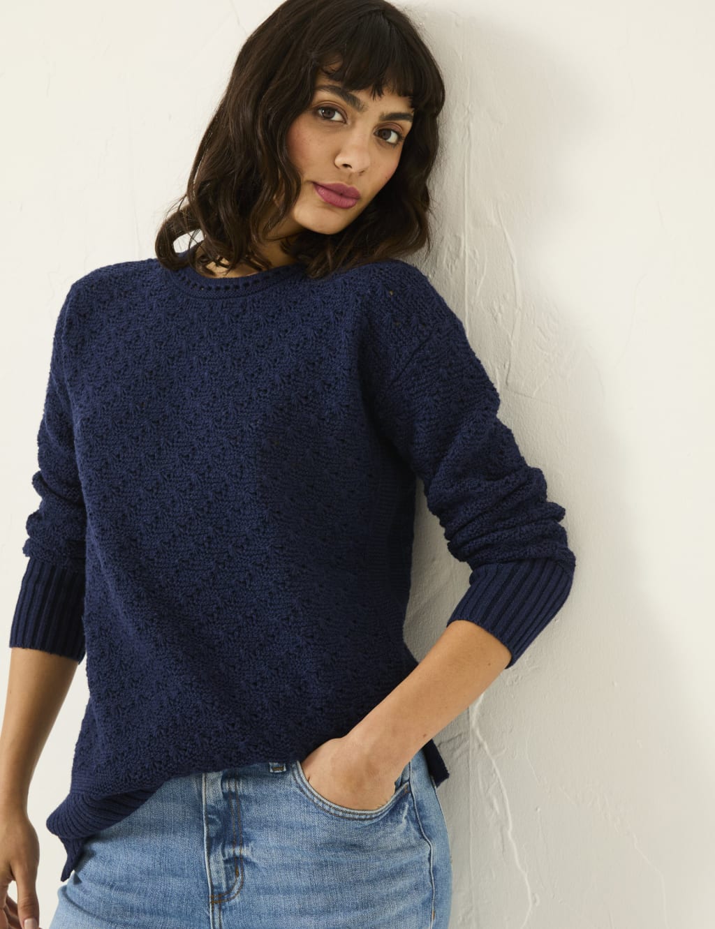 Pure Cotton Textured Crew Neck Jumper
