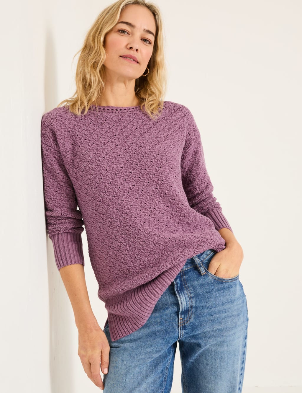 Pure Cotton Textured Crew Neck Jumper
