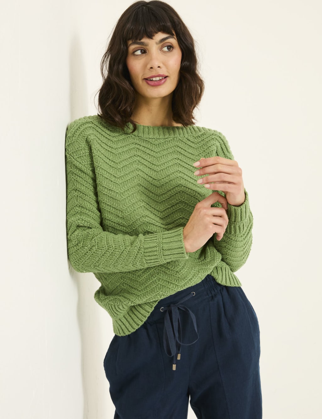Cotton Blend Textured Crew Neck Jumper