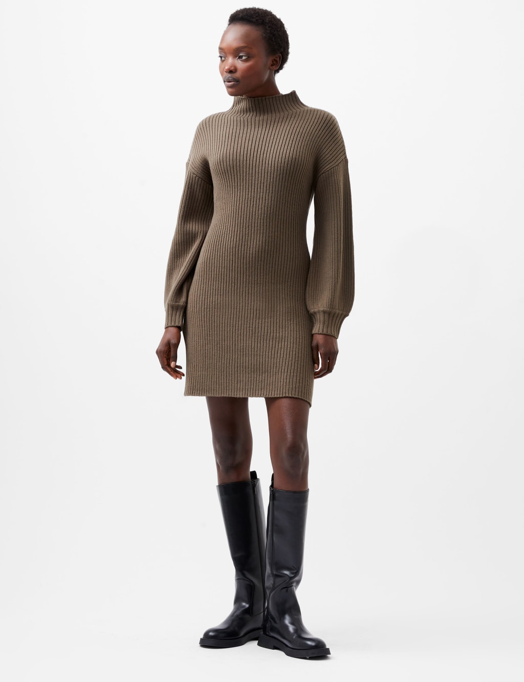 Ribbed Knitted High Neck Mini Dress