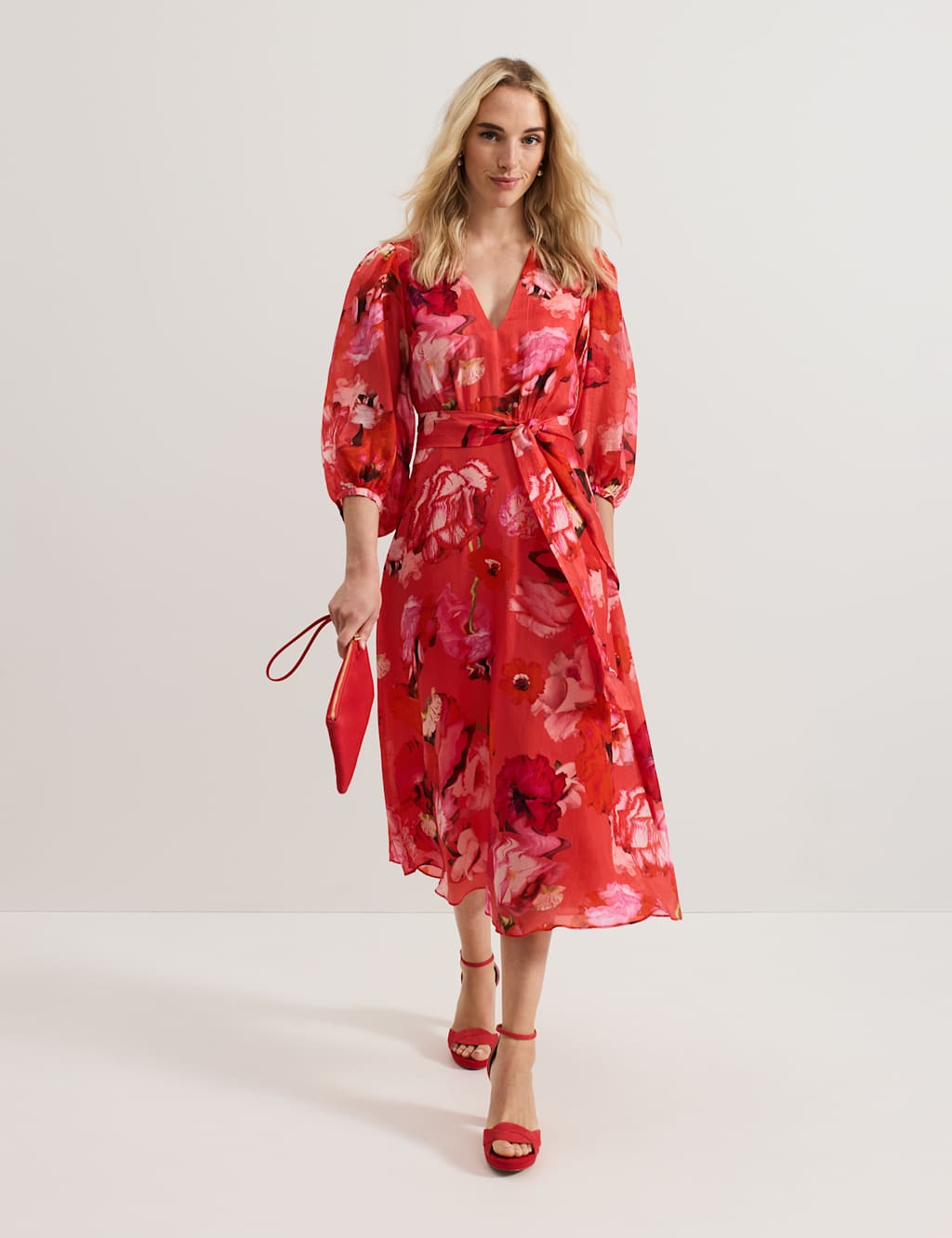 Floral V-Neck Belted Midi Skater Dress