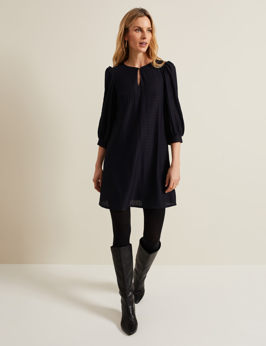 Textured Keyhole Mini Swing Dress