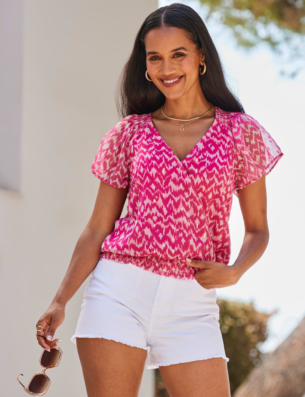 Printed V-Neck Wrap Top
