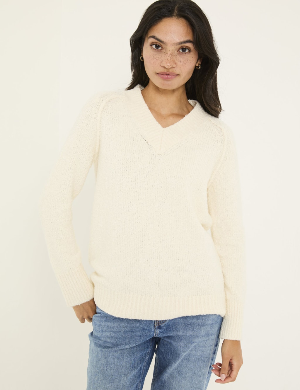 Cotton Blend V-Neck Bouclé Jumper