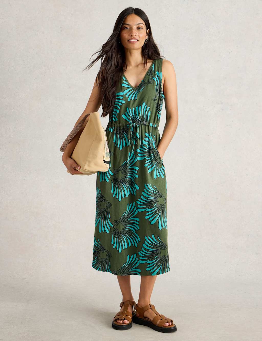 Pure Cotton Printed V Neck Midi Beach Dress