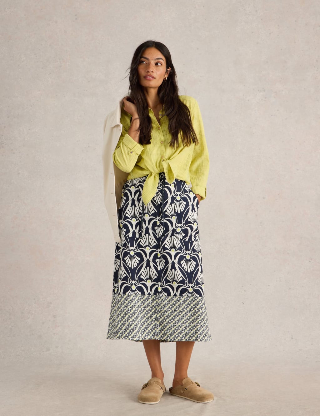 Linen Blend Printed Midi A-Line Skirt