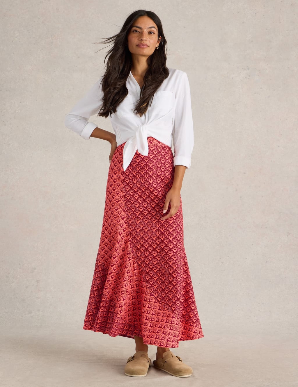 Linen Rich Printed Maxi A-Line Skirt