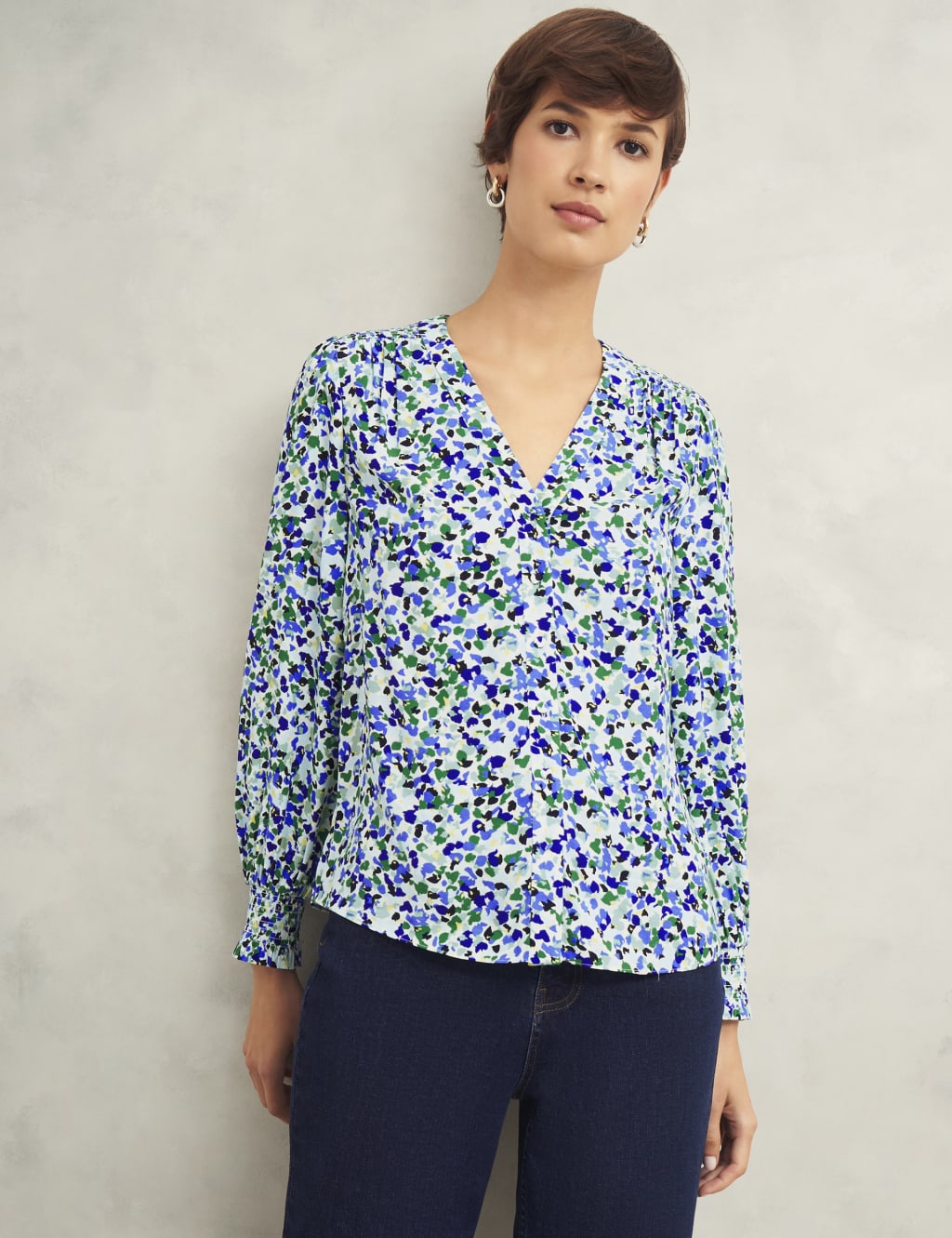 Floral V-Neck Blouson Sleeve Blouse